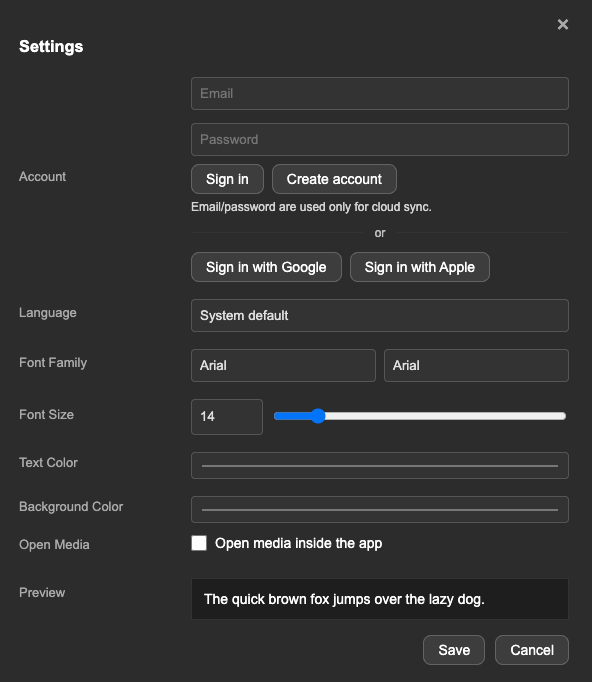 Settings menu